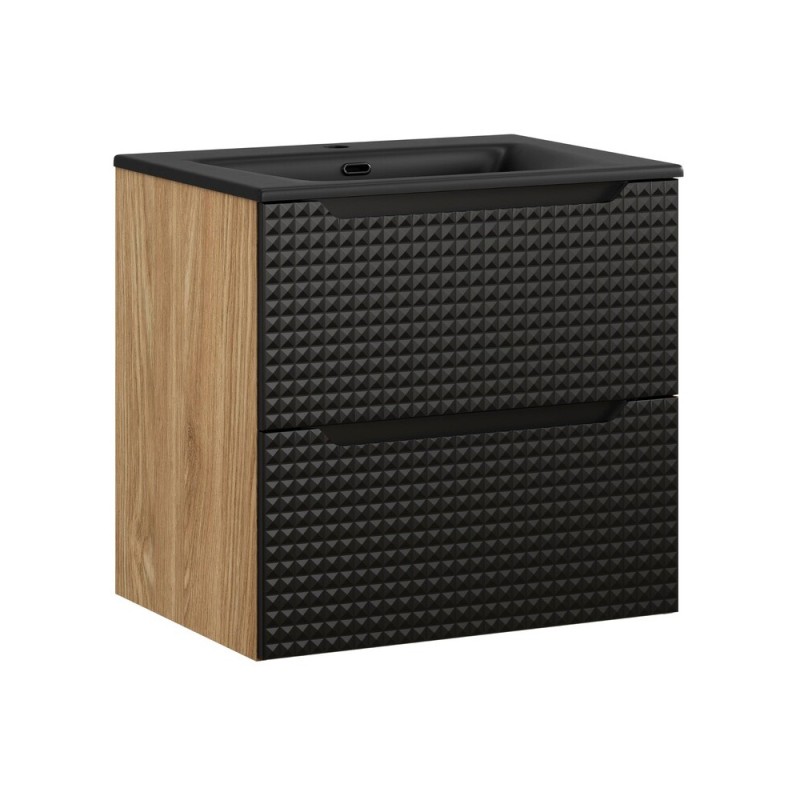 Set mobilier de baie Luxor Black, MDF, PAL melaminat, stejar uleiat/negru mat, lavoar Sky, L.60 cm, SET-LXBL 60CM S SKY BL