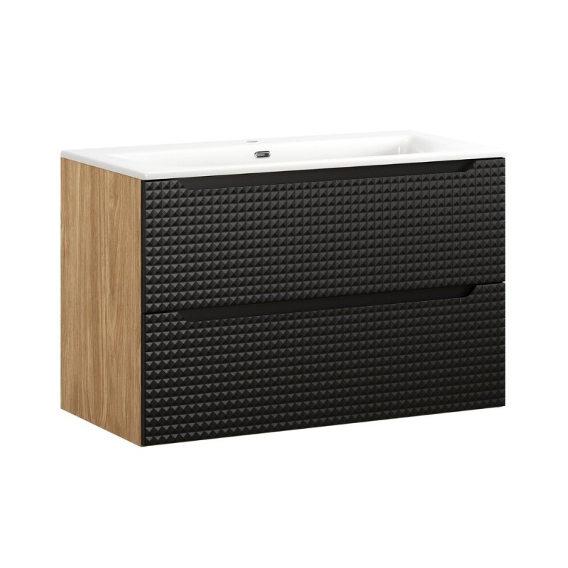 Set mobilier de baie Luxor Black, MDF, PAL melaminat, stejar uleiat/negru mat, lavoar Sky, L.90 cm, SET-LXBL 90CM S SKY WH