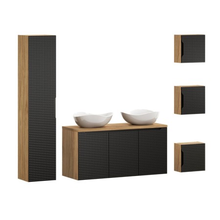 Set mobilier de baie Luxor Black, MDF, PAL melaminat, stejar uleiat/negru mat, blat stejar uleiat, L.120 cm, lavoare Cloud, dulap inalt H.170 cm, SET-LXBL B 120CM D UN CLOUD HC1D UC