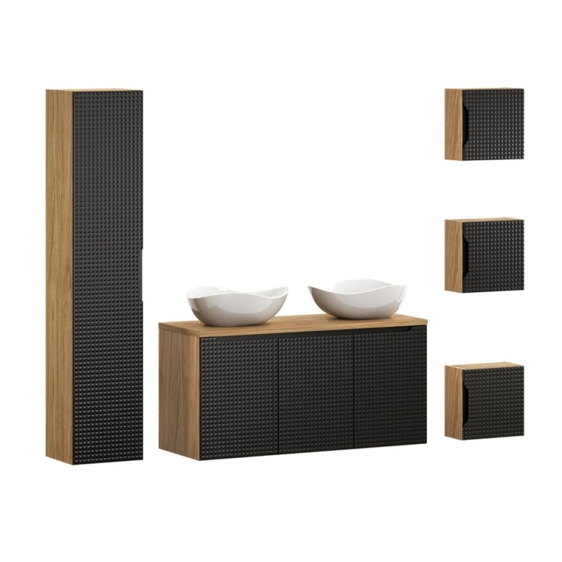 Set mobilier de baie Luxor Black, MDF, PAL melaminat, stejar uleiat/negru mat, blat stejar uleiat, L.120 cm, lavoare Cloud, dulap inalt H.170 cm, SET-LXBL B 120CM D UN CLOUD HC1D UC