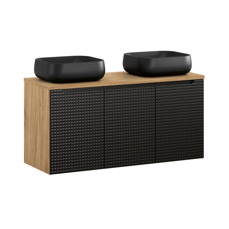 Set mobilier de baie Luxor Black, MDF, PAL melaminat, stejar uleiat/negru mat, blat stejar uleiat, L.120 cm, lavoare Nika, SET-LXBL B 120CM D UN NIKA BL
