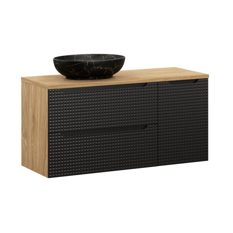 Set mobilier de baie Luxor Black, MDF, PAL melaminat, stejar uleiat/negru mat, blat stejar uleiat, L.120 cm, lavoar Mona, SET-LXBL B 120CM S UN MONA