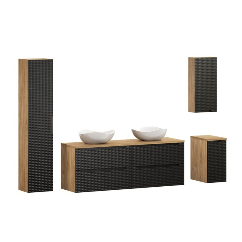 Set mobilier de baie Luxor Black, MDF, PAL melaminat, stejar uleiat/negru mat, blat stejar uleiat, L.160 cm, lavoare Cloud, dulap inalt H.170 cm, SET-LXBL B 160CM S UN CLOUD HC1D LC UC
