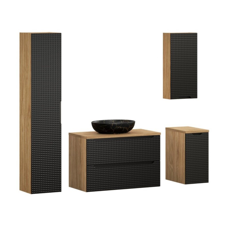 Set mobilier de baie Luxor Black, MDF, PAL melaminat, stejar uleiat/negru mat, blat stejar uleiat, L.90 cm, lavoar Mona, dulap inalt H.170 cm, SET-LXBL B 90CM S UN MONA HC1D