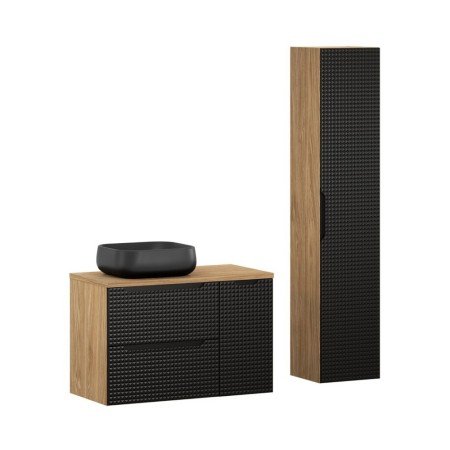Set mobilier de baie Luxor Black, MDF, PAL melaminat, stejar uleiat/negru mat, blat stejar uleiat, L.90 cm, lavoar Nika, dulap inalt H.170 cm, SET-LXBL B 90CM S UN NIKA BL HC1D LC