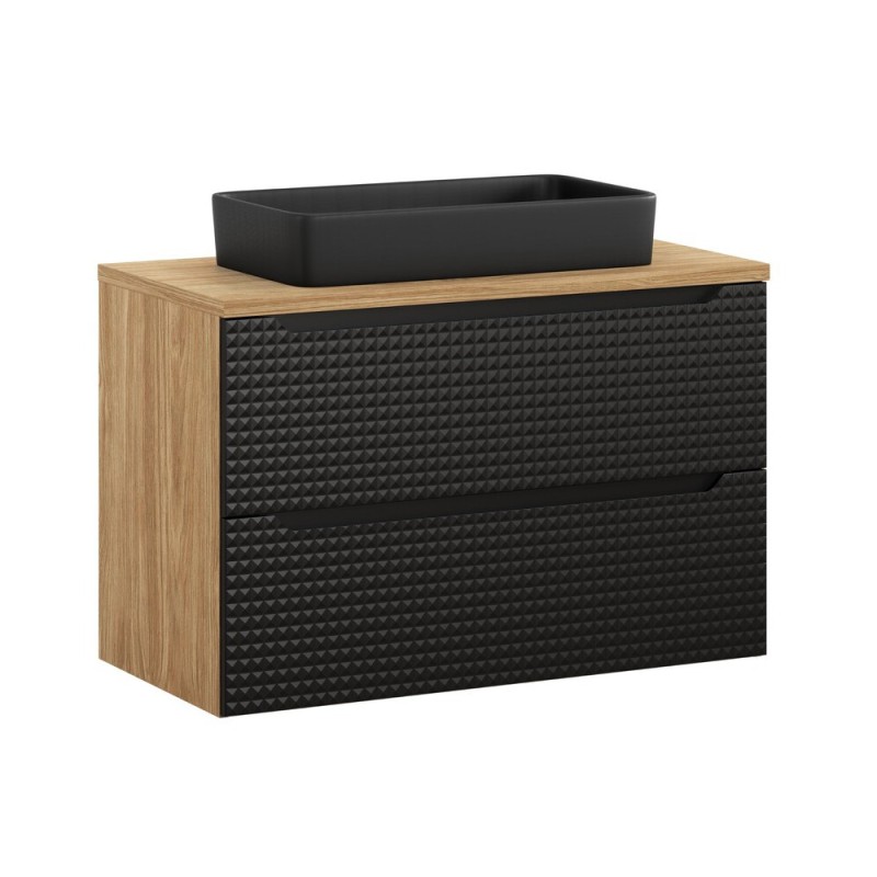 Set mobilier de baie Luxor Black, MDF, PAL melaminat, stejar uleiat/negru mat, blat stejar uleiat, L.90 cm, lavoar Slim, SET-LXBL B 90CM S UN SLIM BL