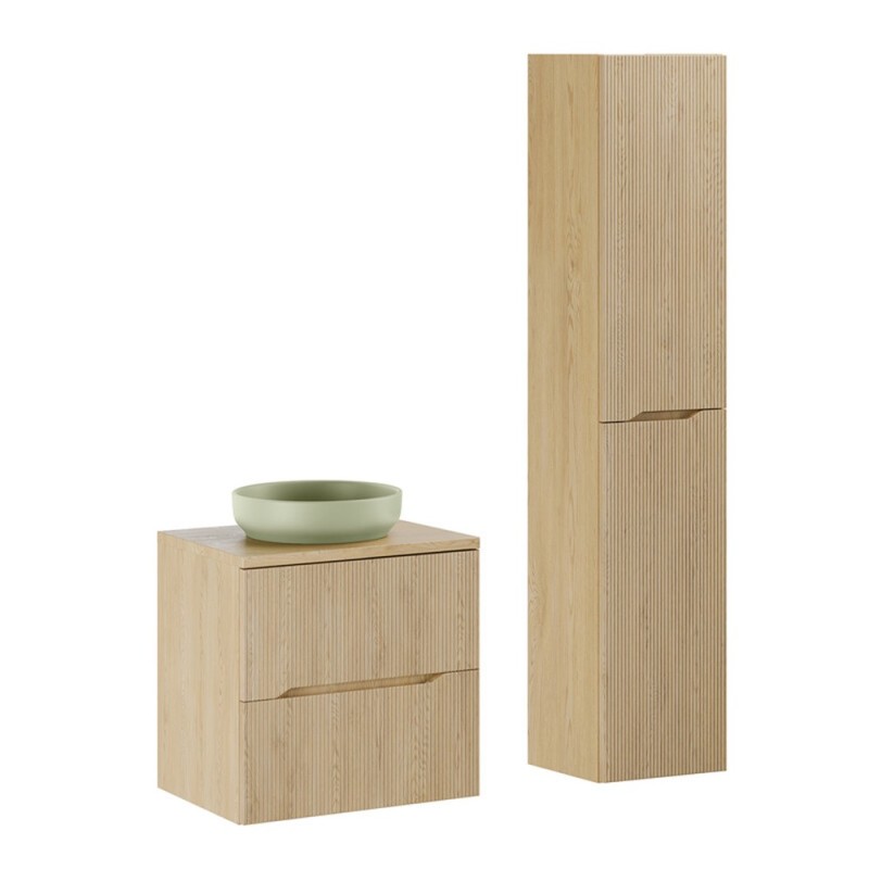 Set mobilier de baie Nordic Cremona, MDF, PAL melaminat, stejar cremona, blat stejar cremona, L.60 cm, lavoar River, dulap inalt H.170 cm, SET-NC B CREMONA 60CM UN RIVER 1 OG HC
