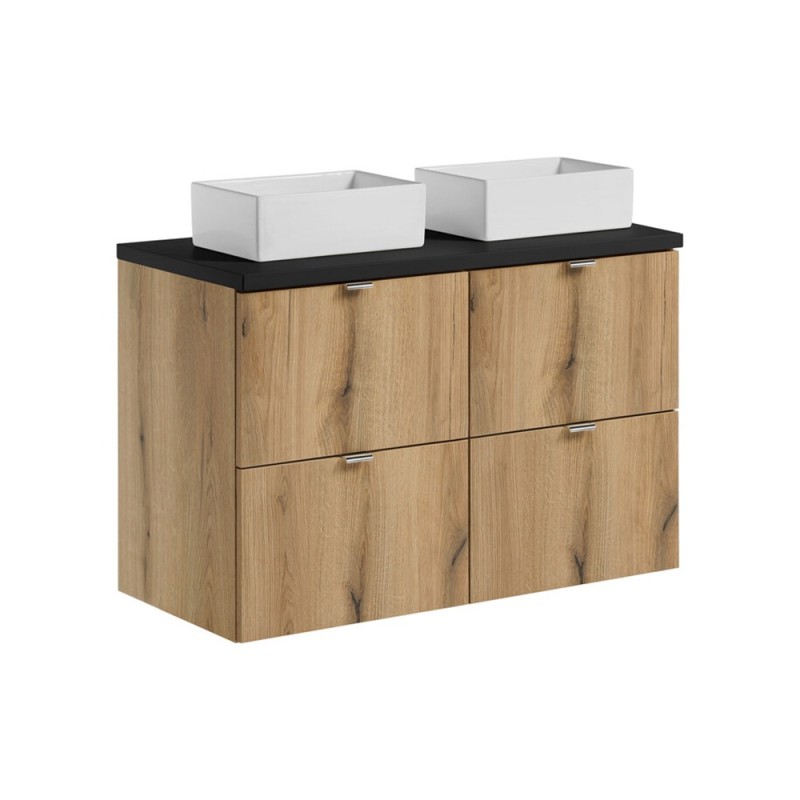 Set mobilier de baie Nova Oak, PAL melaminat, stejar evoke, blat negru mat, L.100 cm, lavoare Gaja, SET-NOA B BLACK 100CM S UN GAJA SW