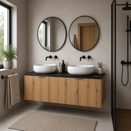 Set mobilier de baie Nova Oak, PAL melaminat, stejar evoke, blat negru mat, L.120 cm, lavoare Wiki, SET-NOA B BLACK 120CM D UN WIKI SW