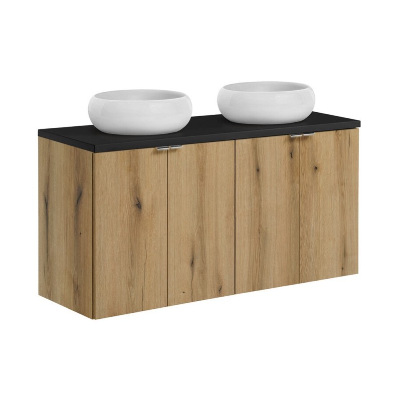 Set mobilier de baie Nova Oak, PAL melaminat, stejar evoke, blat negru mat, L.120 cm, lavoare Wiki, SET-NOA B BLACK 120CM D UN WIKI SW