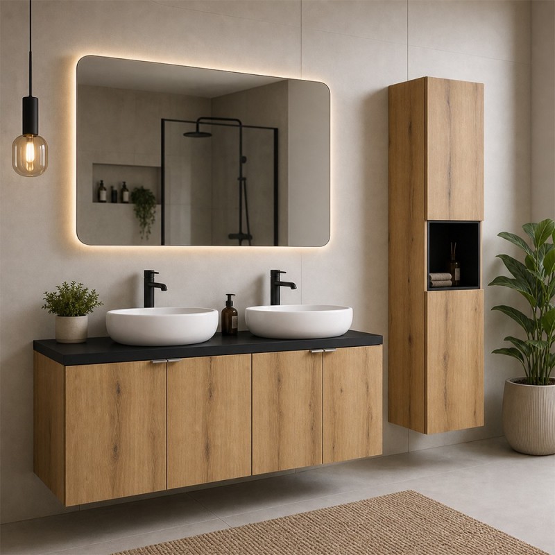 Set mobilier de baie Nova Oak, PAL melaminat, stejar evoke, blat negru mat, L.120 cm, lavoare Wiki, dulap inalt H.140 cm, SET-NOA B BLACK 120CM D UN WIKI SW HC