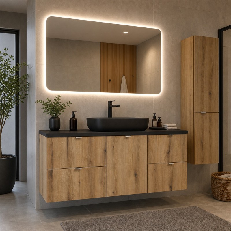 Set mobilier de baie Nova Oak, PAL melaminat, stejar evoke, blat negru mat, L.140 cm, SET-NOA B BLACK 140CM S