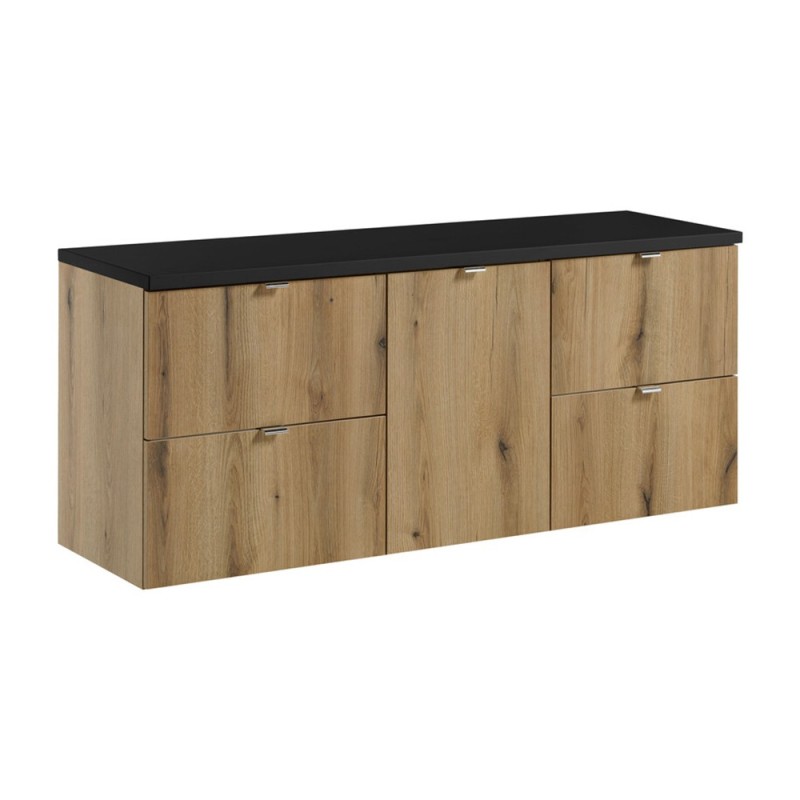 Set mobilier de baie Nova Oak, PAL melaminat, stejar evoke, blat negru mat, L.140 cm, SET-NOA B BLACK 140CM S
