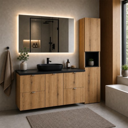 Set mobilier de baie Nova Oak, PAL melaminat, stejar evoke, blat negru mat, L.140 cm, dulap inalt H.140 cm, SET-NOA B BLACK 140CM S HC