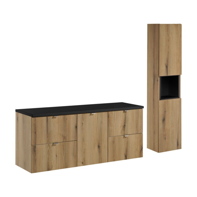 Set mobilier de baie Nova Oak, PAL melaminat, stejar evoke, blat negru mat, L.140 cm, dulap inalt H.140 cm, SET-NOA B BLACK 140CM S HC
