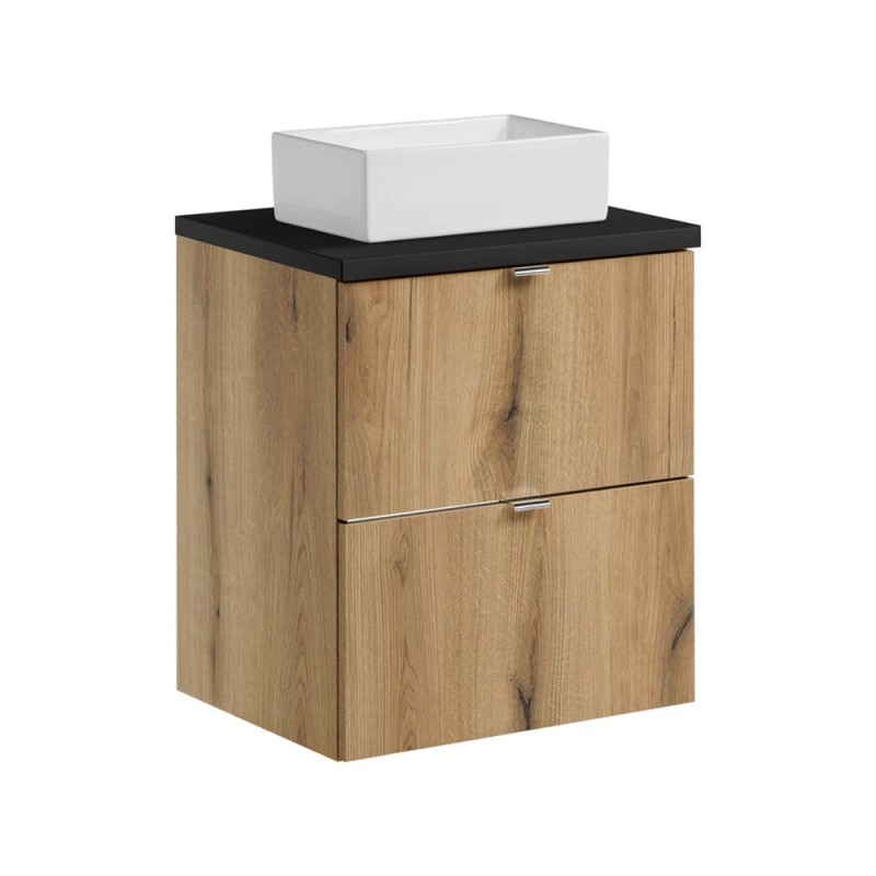 Set mobilier de baie Nova Oak, PAL melaminat, stejar evoke, blat negru mat, L.50 cm, lavoar Gaja, SET-NOA B BLACK 50CM S UN GAJA 35 SW