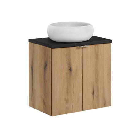 Set mobilier de baie Nova Oak, PAL melaminat, stejar evoke, blat negru mat, L.60 cm, lavoar Wiki, SET-NOA B BLACK 60CM D UN WIKI SW