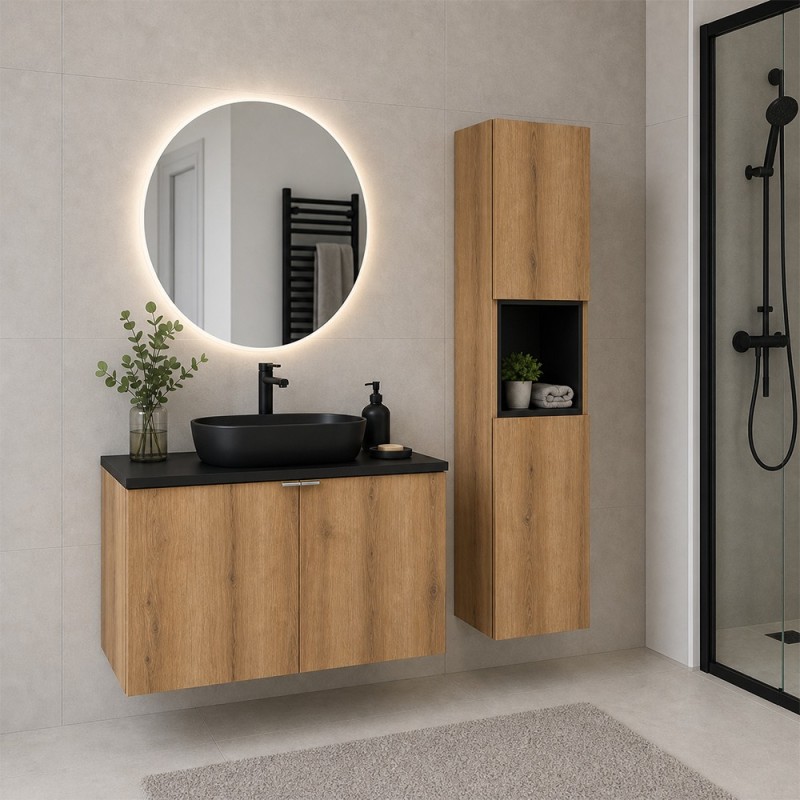 Set mobilier de baie Nova Oak, PAL melaminat, stejar evoke, blat negru mat, L.80 cm, dulap inalt H.140 cm, SET-NOA B BLACK 80CM D HC