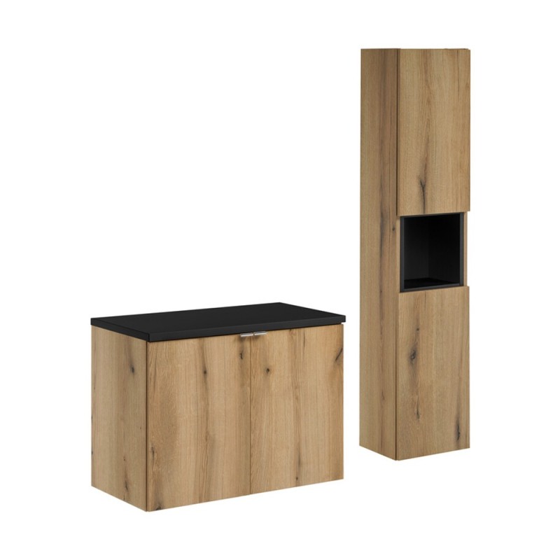 Set mobilier de baie Nova Oak, PAL melaminat, stejar evoke, blat negru mat, L.80 cm, dulap inalt H.140 cm, SET-NOA B BLACK 80CM D HC
