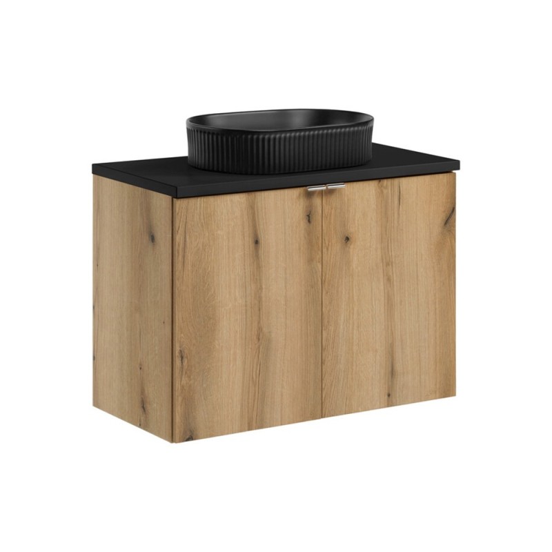 Set mobilier de baie Nova Oak, PAL melaminat, stejar evoke, blat negru mat, L.80 cm, lavoar Beyond, SET-NOA B BLACK 80CM D UN BEYOND 5 BM
