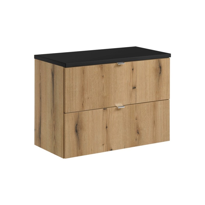 Set mobilier de baie Nova Oak, PAL melaminat, stejar evoke, blat negru mat, L.80 cm, SET-NOA B BLACK 80CM S