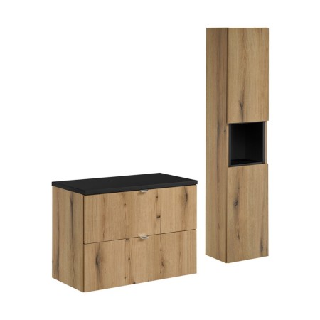 Set mobilier de baie Nova Oak, PAL melaminat, stejar evoke, blat negru mat, L.80 cm, dulap inalt H.140 cm, SET-NOA B BLACK 80CM S HC