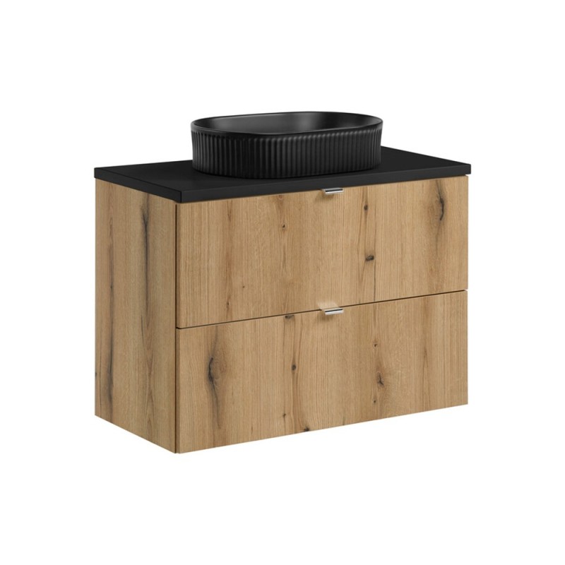 Set mobilier de baie Nova Oak, PAL melaminat, stejar evoke, blat negru mat, L.80 cm, lavoar Beyond, SET-NOA B BLACK 80CM S UN BEYOND 5 BM