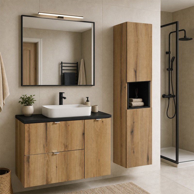 Set mobilier de baie Nova Oak, PAL melaminat, stejar evoke, blat negru mat, L.90 cm, dulap inalt H.140 cm, SET-NOA B BLACK 90CM S HC