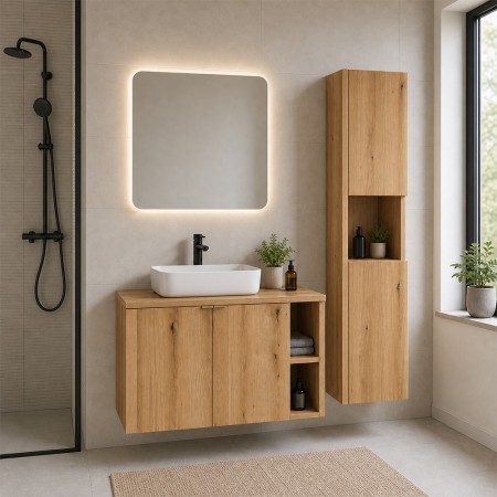 Set mobilier de baie Nova Oak, PAL melaminat, stejar evoke, blat stejar evoke, L.100 cm, dulap inalt H.140 cm, SET-NOA B OAK 100CM HC LR