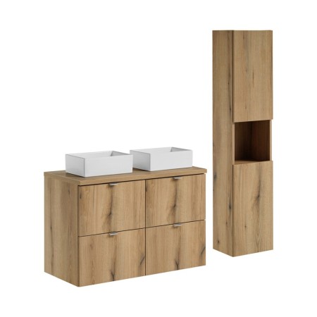 Set mobilier de baie Nova Oak, PAL melaminat, stejar evoke, blat stejar evoke, L.100 cm, lavoare Gaja, dulap inalt H.140 cm, SET-NOA B OAK 100CM S UN GAJA SW HC