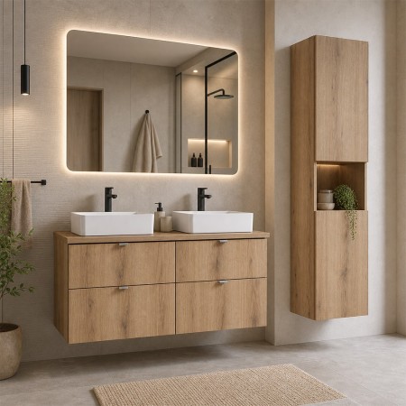 Set mobilier de baie Nova Oak, PAL melaminat, stejar evoke, blat stejar evoke, L.100 cm, lavoare Gaja, dulap inalt H.140 cm, SET-NOA B OAK 100CM S UN GAJA SW HC