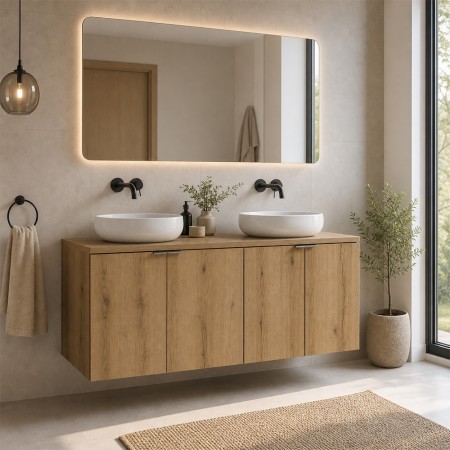 Set mobilier de baie Nova Oak, PAL melaminat, stejar evoke, blat stejar evoke, L.120 cm, lavoare Wiki, SET-NOA B OAK 120CM D UN WIKI SW