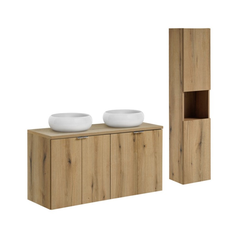 Set mobilier de baie Nova Oak, PAL melaminat, stejar evoke, blat stejar evoke, L.120 cm, lavoare Wiki, dulap inalt H.140 cm, SET-NOA B OAK 120CM D UN WIKI SW HC