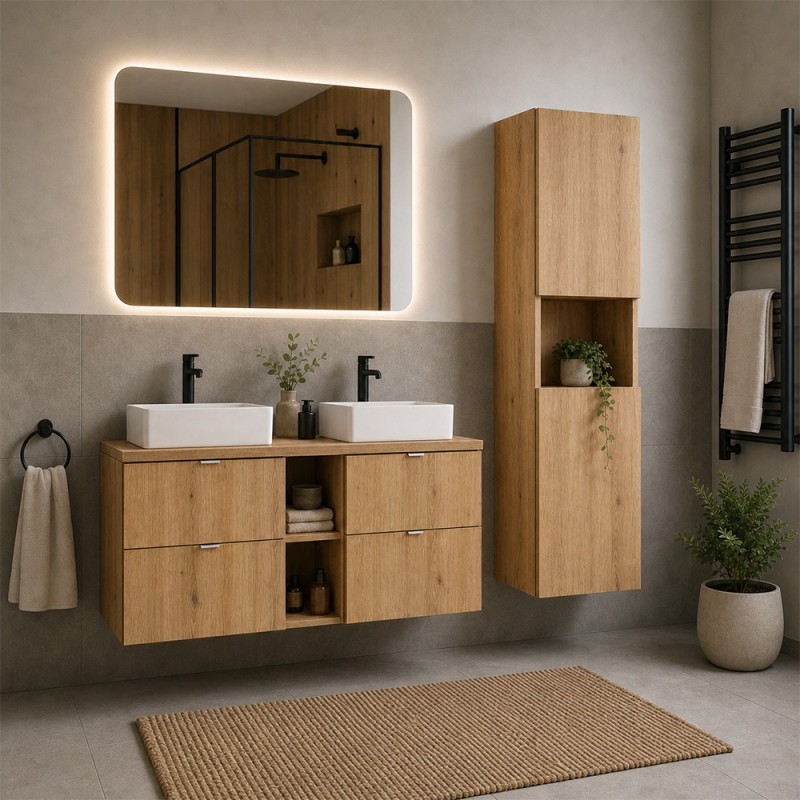 Set mobilier de baie Nova Oak, PAL melaminat, stejar evoke, blat stejar evoke, L.120 cm, lavoare Gaja, dulap inalt H.140 cm, SET-NOA B OAK 120CM UN GAJA SW HC LR