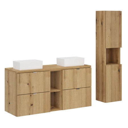 Set mobilier de baie Nova Oak, PAL melaminat, stejar evoke, blat stejar evoke, L.120 cm, lavoare Gaja, dulap inalt H.140 cm, SET-NOA B OAK 120CM UN GAJA SW HC LR
