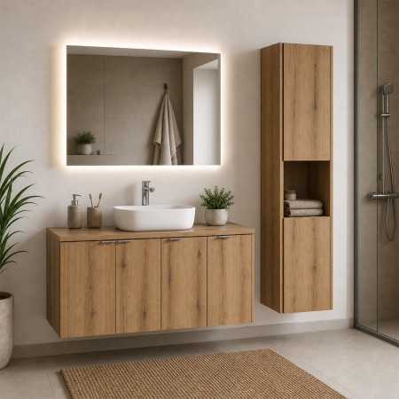 Set mobilier de baie Nova Oak, PAL melaminat, stejar evoke, blat stejar evoke, L.140 cm, dulap inalt H.140 cm, SET-NOA B OAK 140CM D HC