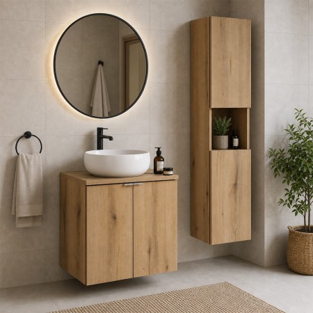 Set mobilier de baie Nova Oak, PAL melaminat, stejar evoke, blat stejar evoke, L.60 cm, lavoar Wiki, dulap inalt H.140 cm, SET-NOA B OAK 60CM D UN WIKI SW HC