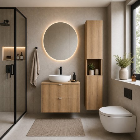 Set mobilier de baie Nova Oak, PAL melaminat, stejar evoke, blat stejar evoke, L.60 cm, lavoar Wiki, dulap inalt H.140 cm, SET-NOA B OAK 60CM S UN WIKI SW HC
