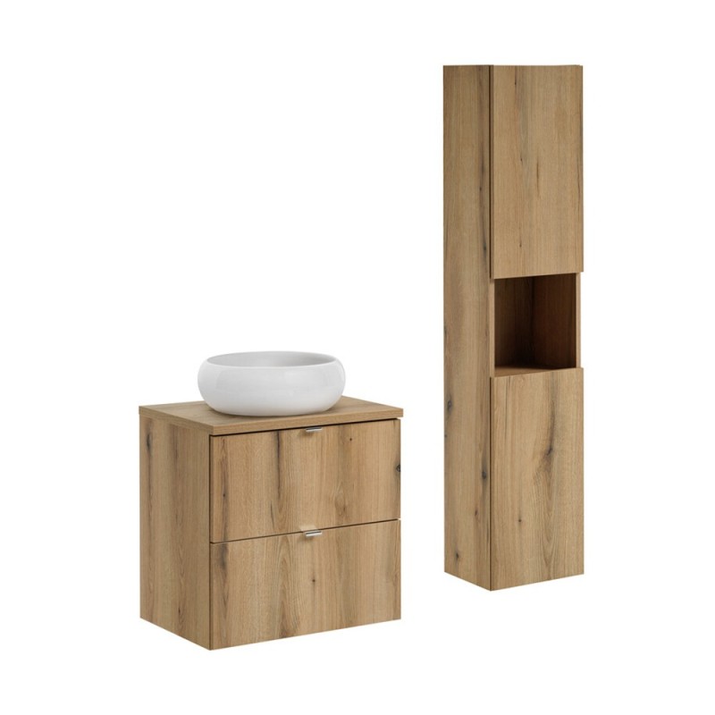 Set mobilier de baie Nova Oak, PAL melaminat, stejar evoke, blat stejar evoke, L.60 cm, lavoar Wiki, dulap inalt H.140 cm, SET-NOA B OAK 60CM S UN WIKI SW HC