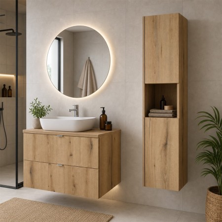 Set mobilier de baie Nova Oak, PAL melaminat, stejar evoke, blat stejar evoke, L.80 cm, dulap inalt H.140 cm, SET-NOA B OAK 80CM S HC