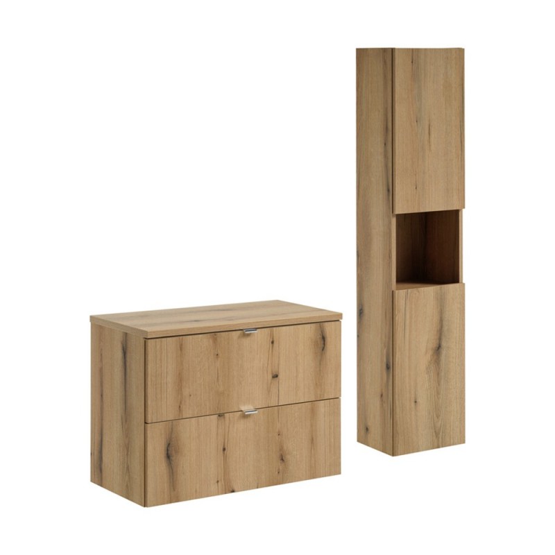 Set mobilier de baie Nova Oak, PAL melaminat, stejar evoke, blat stejar evoke, L.80 cm, dulap inalt H.140 cm, SET-NOA B OAK 80CM S HC
