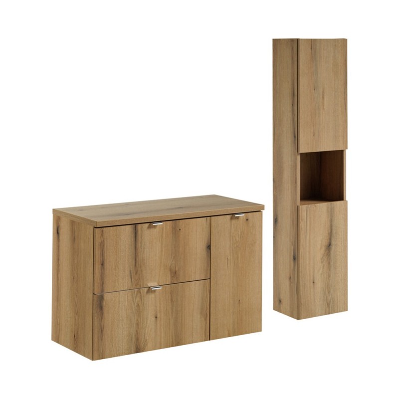 Set mobilier de baie Nova Oak, PAL melaminat, stejar evoke, blat stejar evoke, L.90 cm, dulap inalt H.140 cm, SET-NOA B OAK 90CM S HC