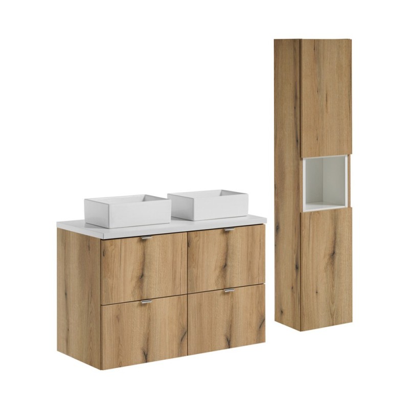 Set mobilier de baie Nova Oak, PAL melaminat, stejar evoke, blat alb mat, L.100 cm, lavoare Gaja, dulap inalt H.140 cm, SET-NOA B WHITE 100CM S UN GAJA SW HC