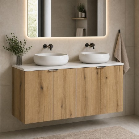 Set mobilier de baie Nova Oak, PAL melaminat, stejar evoke, blat alb mat, L.120 cm, lavoare Wiki, SET-NOA B WHITE 120CM D UN WIKI SW