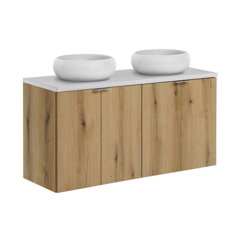 Set mobilier de baie Nova Oak, PAL melaminat, stejar evoke, blat alb mat, L.120 cm, lavoare Wiki, SET-NOA B WHITE 120CM D UN WIKI SW
