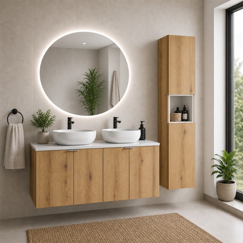 Set mobilier de baie Nova Oak, PAL melaminat, stejar evoke, blat alb mat, L.120 cm, lavoare Wiki, dulap inalt H.140 cm, SET-NOA B WHITE 120CM D UN WIKI SW HC