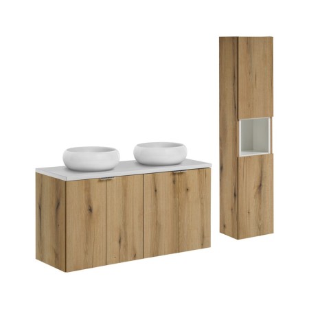 Set mobilier de baie Nova Oak, PAL melaminat, stejar evoke, blat alb mat, L.120 cm, lavoare Wiki, dulap inalt H.140 cm, SET-NOA B WHITE 120CM D UN WIKI SW HC