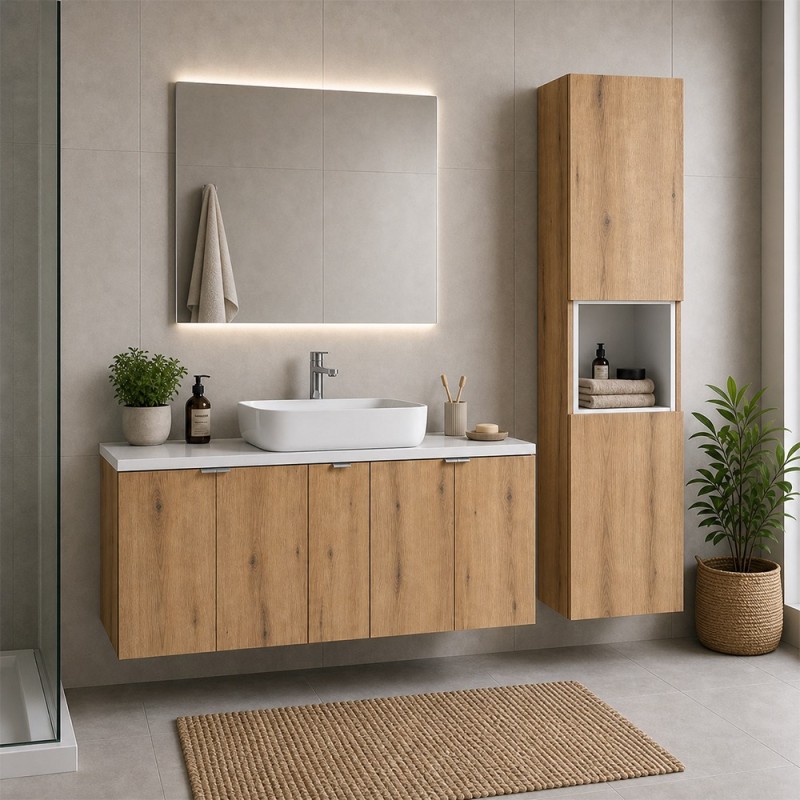 Set mobilier de baie Nova Oak, PAL melaminat, stejar evoke, blat alb mat, L.140 cm, dulap inalt H.140 cm, SET-NOA B WHITE 140CM D HC