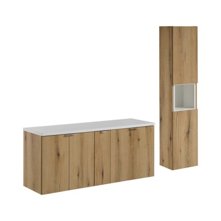 Set mobilier de baie Nova Oak, PAL melaminat, stejar evoke, blat alb mat, L.140 cm, dulap inalt H.140 cm, SET-NOA B WHITE 140CM D HC