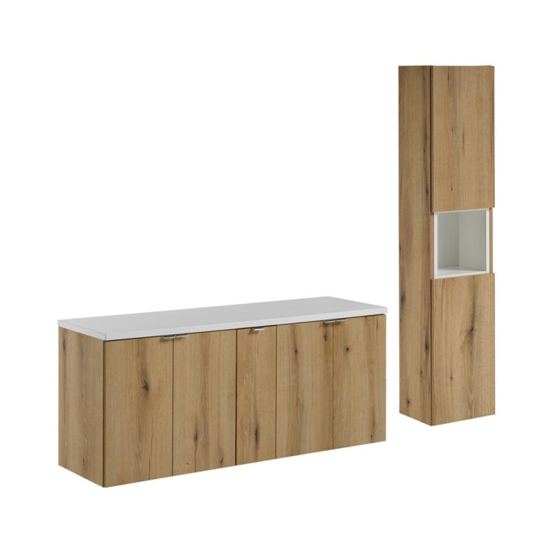 Set mobilier de baie Nova Oak, PAL melaminat, stejar evoke, blat alb mat, L.140 cm, dulap inalt H.140 cm, SET-NOA B WHITE 140CM D HC